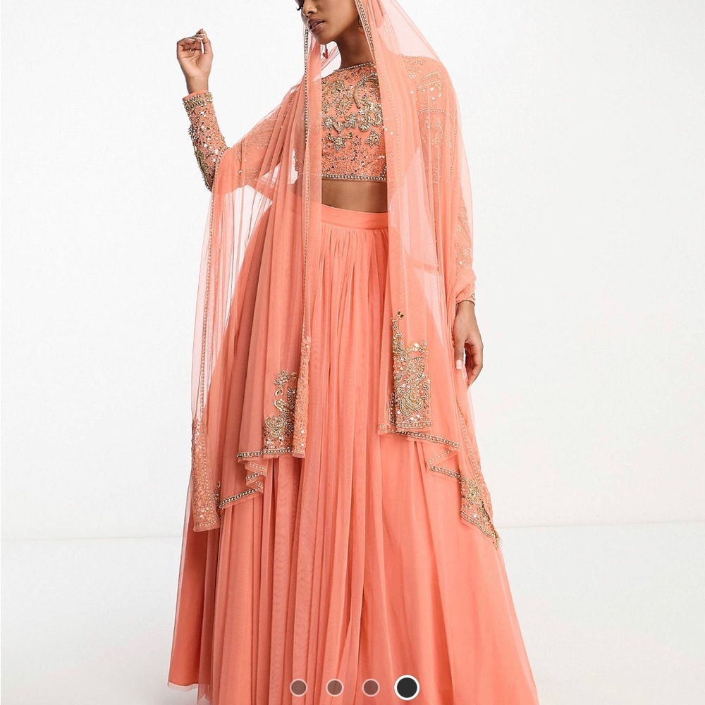 ASOS DESIGN crystal placement lehenga crop top, maxi skirt & dupatta in marigold